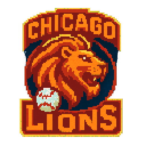 Pixel art of a fictional baseball team called the Chicago Lions. Simple logo, orange, red, white, sharp outlines, and soft pixel shading. The logo design mimics 80s MLB logos. Use a vibrant Sega Genesis 16-bit style with selective dithering, geometric forms, and nostalgic retro charm. Avoid modern gradients—keep it pure pixel art.