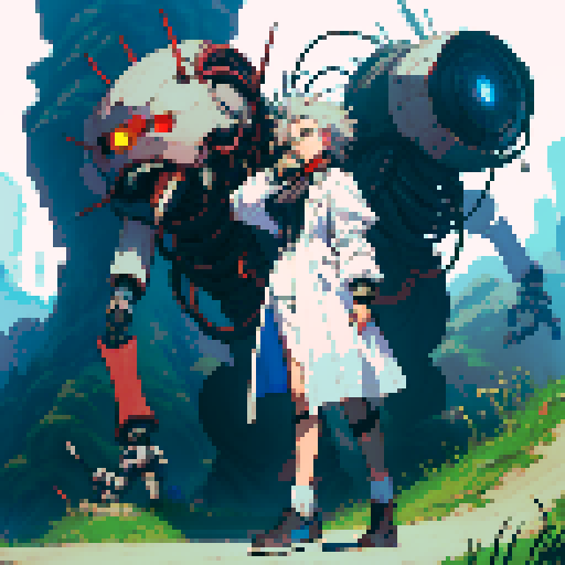 full-body image mad scientist with robot