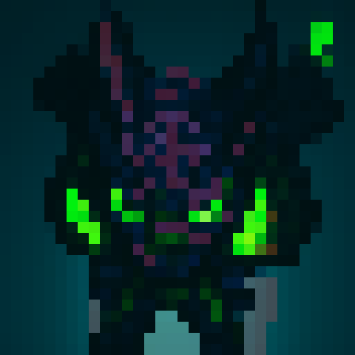 Demon hunter pixel art character, purple background, facing forward, full body, green warglaives in each hand, horns on head, purple skin, demonic glyphs on skin, world of warcraft inspired, game asset
