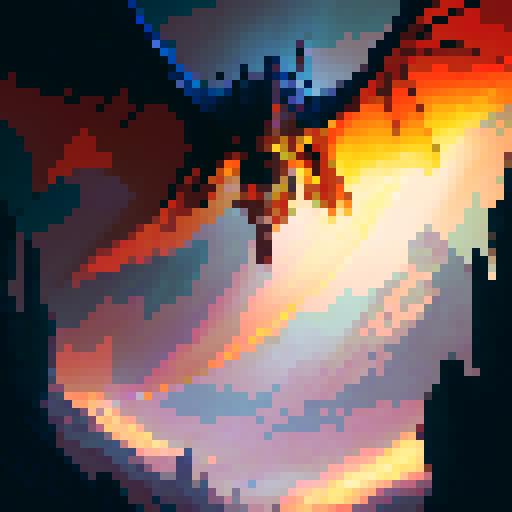 Fiery dragon with shimmering scales, wings spread wide as it soars through a cloudy sky, spewing flames from its monstrous jaws with a backdrop of a mystical kingdom in a fantasy RPG style