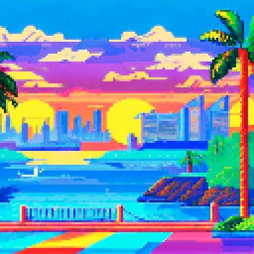 Monaco skyline at sunset, towering palm trees, sparkling ocean, grandstands filled with spectators cheering on their favorite racer, all depicted in retro pixel art style with a muted sRGB color palette