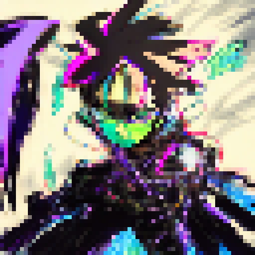 A colorful, swirling vortex of electric blue and neon pink with a radiant, anime-style protagonist standing victorious at the center.