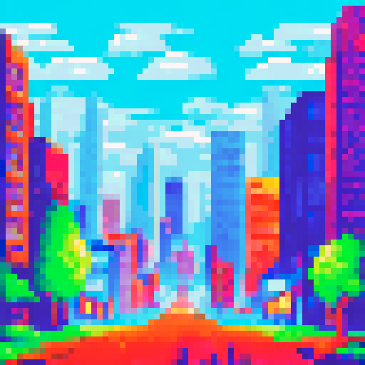 Metropolis, single towering skyscraper, vibrant sRGB colors, pixelated buildings, simple background