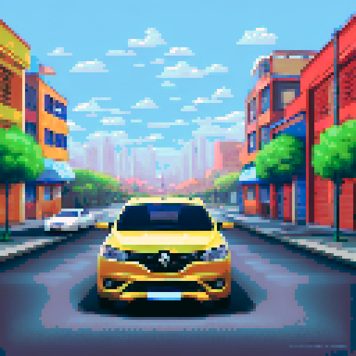 Photorealistic whole Renault Logan, centered, three-quarter view, right front wheel, clean background, sRGB colors, pixel art style