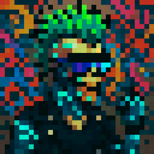 punk with neon green mohawk, futuristic sunglasses, pixelated skull face, glowing digital tattoos, cybernetic arm, vibrant street graffiti background