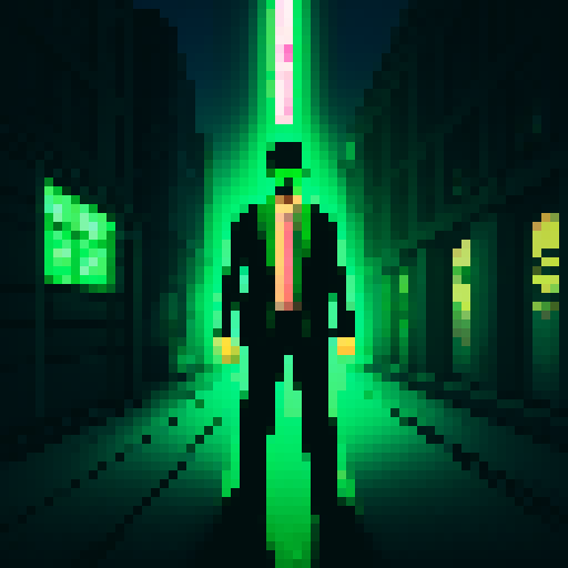 Green-suited detective, cigarette in hand, stands in a dark alleyway, illuminated only by the neon glow of a nearby sign, surrounded by towering skyscrapers and gritty, pixelated graffiti.