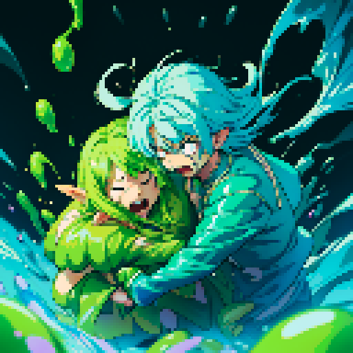 slime surging up around someone, slime engulfing a hero, slime consuming a hero, hero getting engulfed by slime, slime attack, dynamic, slime slamming into someone, impact, splashing slime, full-body image, full-body art, hero's hair and clothing color vary