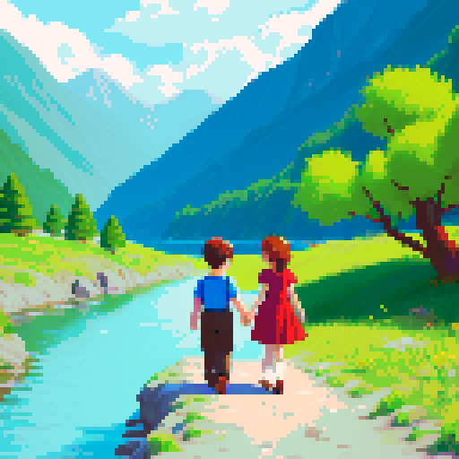 At noon in summer, a boy held a girl's hand and they walked among the mountains and the river.