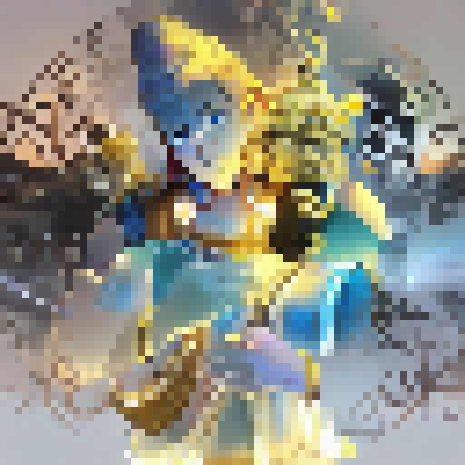 Massive, golden deity towering over an ethereal, misty landscape, adorned with intricate symbols and surrounded by celestial beings.