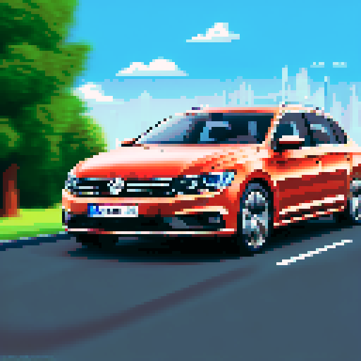 Photorealistic whole Volkswagen Passat, centered, three-quarter view, right front wheel, clean background, realistic colors, pixel art style