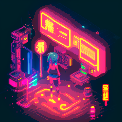cyberpunk anime girl, fluorescent tattoos, glowing staff, neon-lit night market, bustling crowds, pixel art