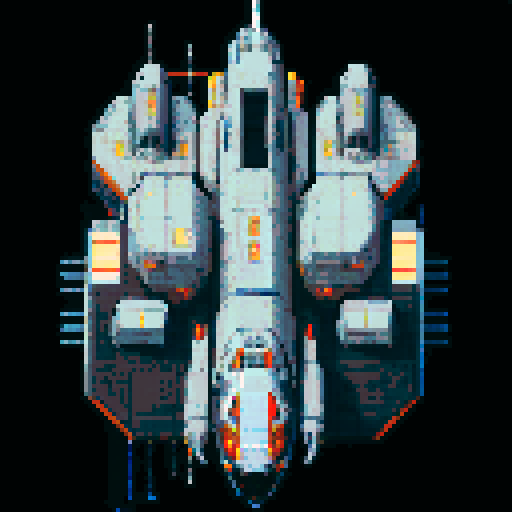 2d Spaceship in empty space, metallic exterior, retro aesthetic, pixelated details,blinking lights, wireframe outlines, geometric shapes, low-resolution textures, pixel art style, sRGB color space View from above.  For a spaceship designed for stealth or reconnaissance missions, use dark grays, deep blues, and black, with minimal highlights in red or orange for the thrusters and running lights. This palette suggests a more militaristic or secretive function.