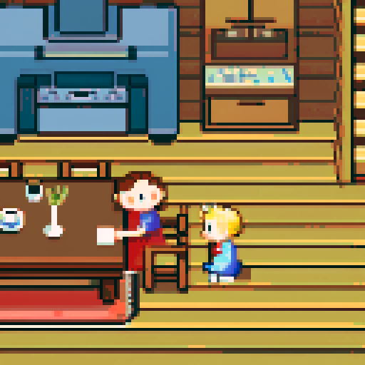 Cabin interior, table, kitchen, mother and son
