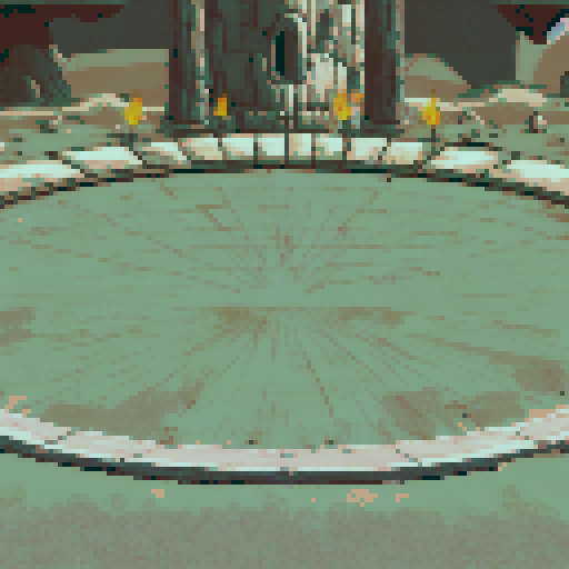 Ancient stone arena with a circular platform etched with faint lines and surrounded by torches emitting a fiery glow. Massive stone pillars frame a hooded statue at the rear, exuding a foreboding atmosphere. The muted grays and browns, combined with scattered rocks and shadows, evoke a mysterious and ritualistic setting.