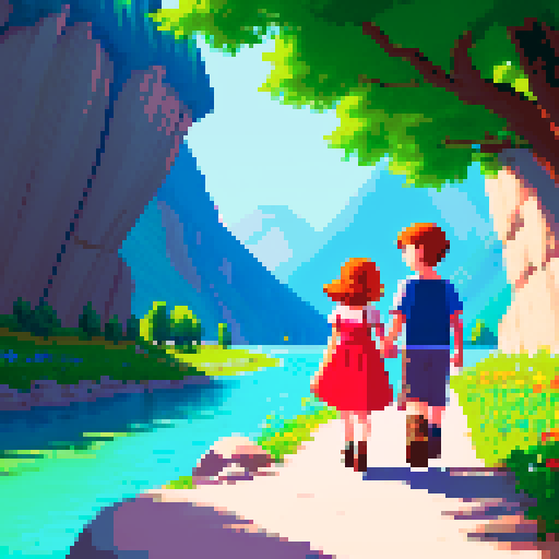 At noon in summer, a boy held a girl's hand and they walked among the mountains and the river.