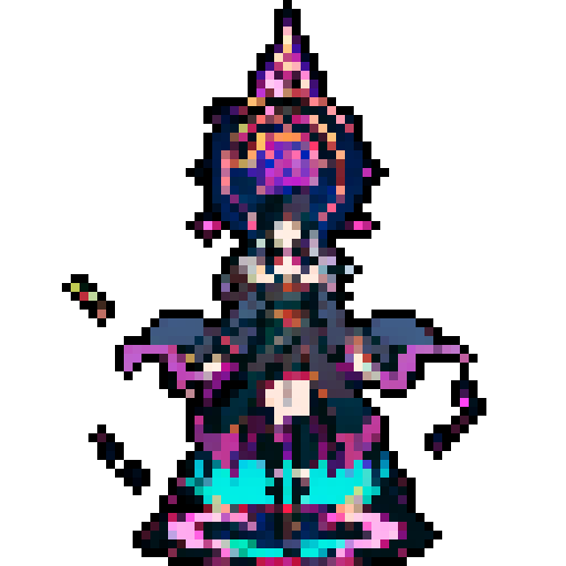 legendary anime girl wizard, floating above the ground, long flowing hair, dark and emo colors, glowing magical staff, intricate and ornate robes, intense and focused expression looking to the right, not wearing shoes, sparkling and shimmering background, sRGB