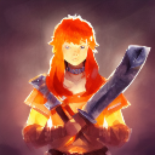 Orange-haired warrior portrait, wielding a glowing sword amidst a mystical forest, with dragons and magic runes in the background.