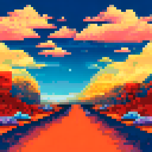 Orange sunset with a purple sky in a desert with a truck driving on a road