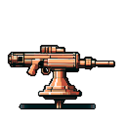 I want a copper structure reminiscent of a rotating gun on top of a turret. The design should be relatively simple. I also want this object usable as an asset in a videogame, meaning only one object per image, outlined with a strong black stroke, on a solid-color background.
