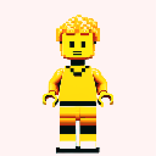 lego pixel, vibrant colors, blocky shapes, small plastic bricks, isometric perspective, retro video game, low resolution, 8-bit graphics, sharp edges, square grid, limited color palette, nostalgic feel, brick-built characters, iconic lego logo, digital recreation, detailed textures, crisp lines, simplified forms, nostalgic gaming vibes gold color body 
