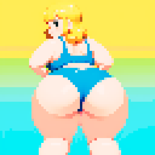 chubby blonde girl in a swimsuit, wide hips, very large butt, facing away, looking back, smiling, kneeling position, pixel art, sRGB