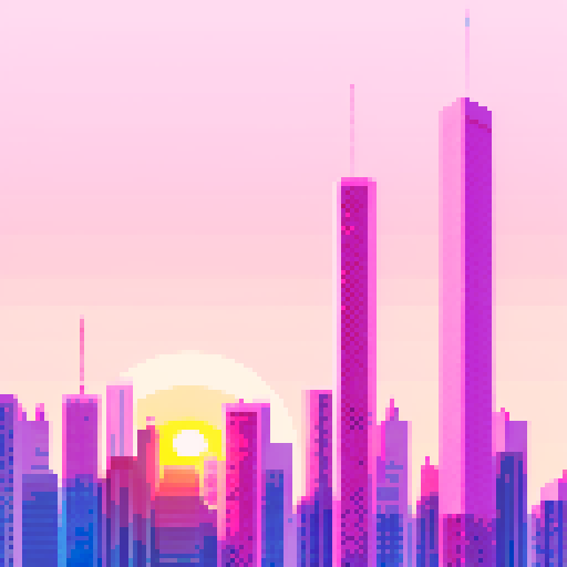 super cute pink aesthetic, sunset in the city, skyscrapers