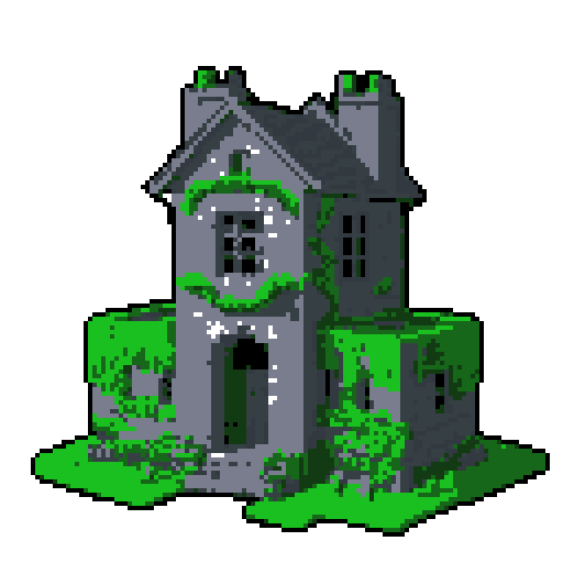 2d grey stone house in an ancient english style. Old and crumbling but still upright. Green vines crisscross it. Usable as an asset (clear, thick lines and a white background). Put a black stroke around the composition