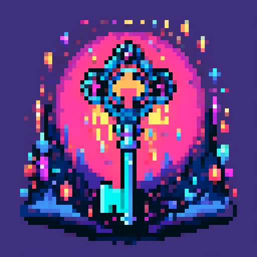 magical key, glowing with vibrant colors, surrounded by mystical symbols, rendered in intricate pixel art, against a background of dark sRGB hues
