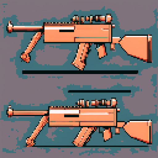 I want a copper rotary machine gun viewed from from the side. I want this object usable an asset in a videogame, meaning only one object per image, outlined with a strong black stroke, on a solid-color background.