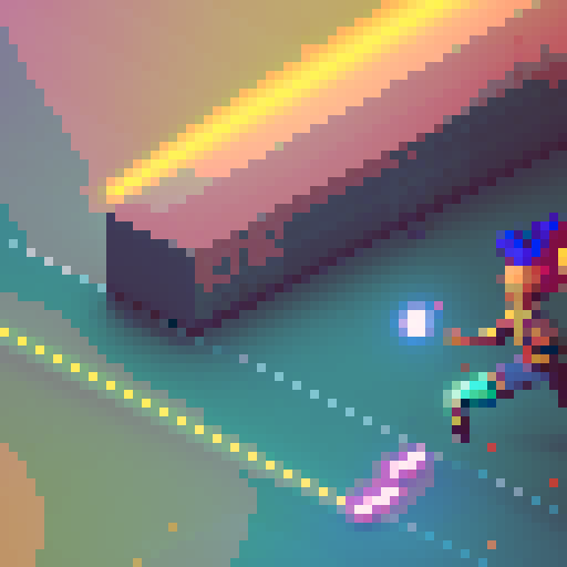 Ekko dashes across the pixelated rooftop, vibrant sRGB colors illuminating his futuristic outfit as he leaps over obstacles and outruns his enemies.
