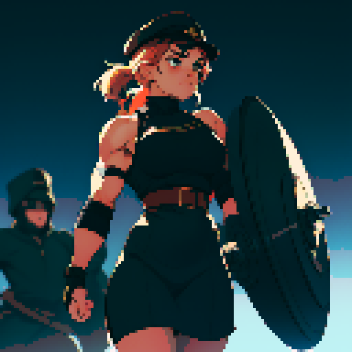full-body image, muscle girl, female, thick biceps, big shoulders, big fists, muscular physique, facing left, ready to fight, exaggerated proportions, black military uniform, black hat, military backdrop, sRGB, pixel art