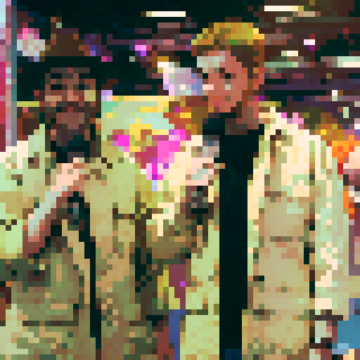 adventurers exploring a vibrant and mystical forest, surrounded by towering trees and sparkling streams, capturing their awe-struck expressions with vintage microphones, highlighting their friendly camaraderie through smiles, all depicted in a breathtaking landscape portrait with intricate character designs, showcasing the beauty of pixel art in every meticulously detailed element