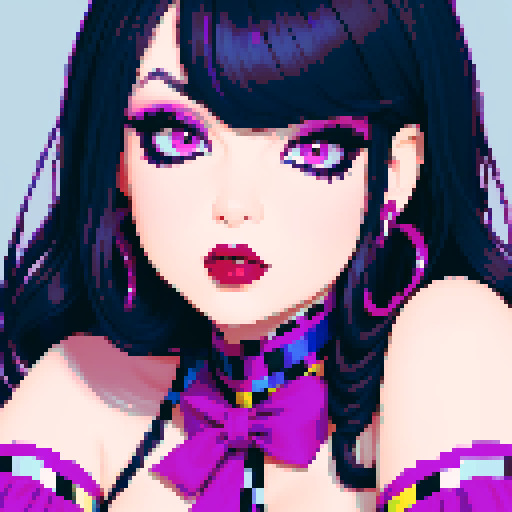 curvy, cute goth girl face, black hair, purple eyeshadow, red lipstick, face portrait, glamour shot, vibrant sRGB colors, pixel art