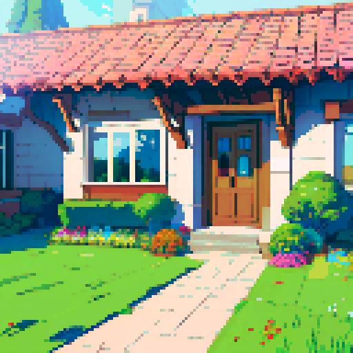 i want to create a really big map with a lot of images that are easy to rearrange. This image should portrait a building in pixel art with a front door and some windows