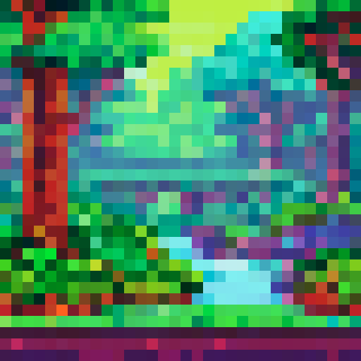 Lush, towering trees in shades of emerald and jade, their leaves shimmering in the sunlight, with a winding river flowing through the center, surrounded by vibrant flowers in a pixel art style, set against a stunning sRGB background