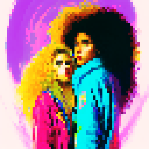 "Pop Art". 

        Bold, colorful, and retro, two girls with voluminous 80s curls pose in front of a vibrant graffiti wall, their fashion choices screaming "pop art".