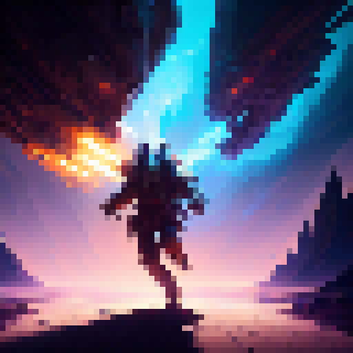 stylized, vibrant, and action-packed.

        Fiery dragon warrior charging towards a looming shadow, with a backdrop of swirling clouds and crackling lightning.
