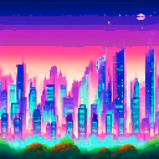 distant city lights twinkling in the night, towering skyscrapers against a starry sky, forested cliffside framing the scene, pixelated art style creating a vibrant sRGB background
