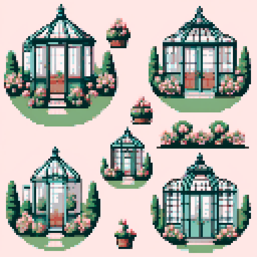 pixel art a grid of 4 circles each containing an illustration of a Victorian conservatory in a floral garden cottagecore style pixel art cute sweet folk 