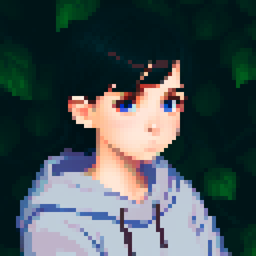 portrait, sprite art, young woman, dark eyes, dark hair, shy girl, awkward, cute, soft eyes, autistic, cozy, shy, timid, stardew valley