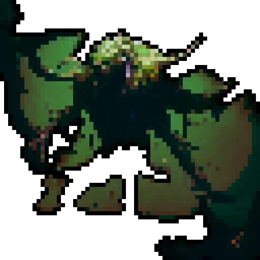 A large tree with dozens of limbs, a demon face, and teeth, walking through the forest