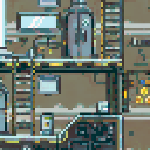 run-down, apocalyptic atmosphere, pixel art, inside of a Futuristic robot factory, sRGB, pixel art, background, landscape, dilapidated machinery, sparks flying, smog-filled air, towering metal structures, cracked concrete floors, flickering neon lights, rusted conveyor belts, broken windows, shattered glass, discarded robot parts, overgrown vines, eerie shadows, abandoned control panels