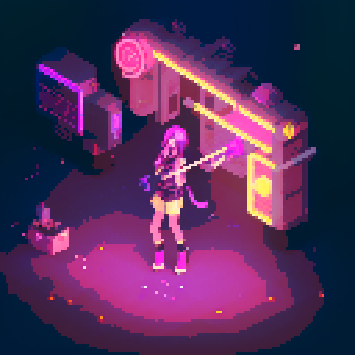 Street Mage anime girl with flowing hair, fluorescent tattoos, and a pixelated sniper rifle, navigating through a purple neon-lit night market and an sRGB glow
