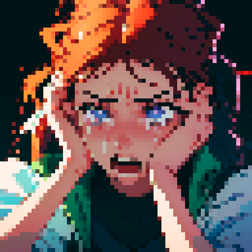 splitting headache, terrible head pain, insanity, crying, screaming, awful pain, waist-up image, hands on head, hands gripping head