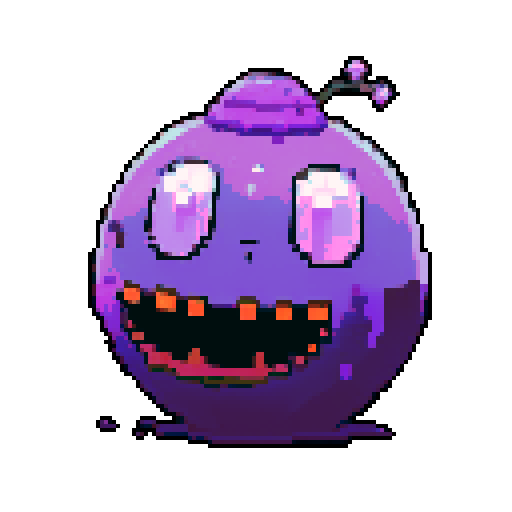 A massive, ominous slime with a dark purple hue and a noxious aura. It has glowing red eyes and a threatening expression, with toxic fumes emanating from its body. No background.
