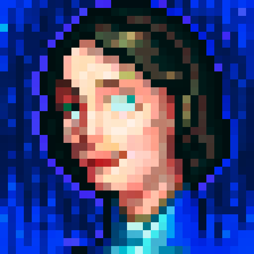 young lady, pixelated, game icon, 32x32 pixels, vibrant colors, sRGB, skill art, close up, portrait, expressive eyes, flowing hair, confident smile, detailed shading, intricate details