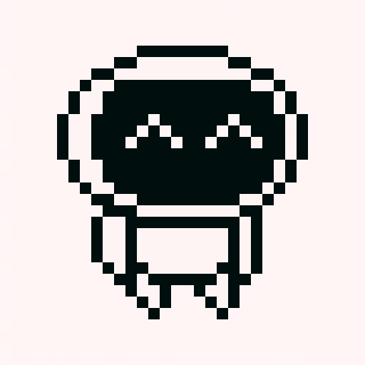 Round, rosy-cheeked robot smiling contentedly with big, bright eyes, crafted in charming 32x32 pixel art, highlighting its endearing, skillful design for a game icon.