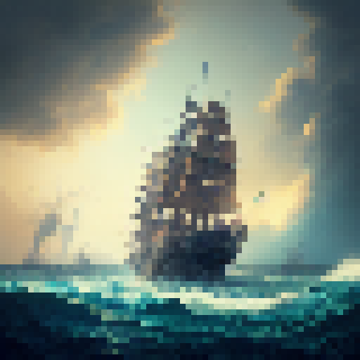 Weathered, wooden, and adorned with intricate carvings, the Dutch East Indies ship navigates through choppy, turquoise waves as its crew hoists the sails, their traditional clothing billowing in the salty breeze, against a backdrop of a fiery sunset.