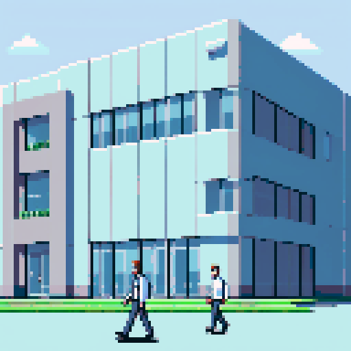 large steel-structured warehouse, two-story white office building, player character, new worker at Emazon, walking towards warehouse entrance, MR KHAN, HR representative, pixel art, sRGB