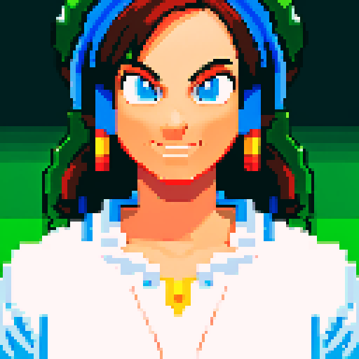 detailed, retro video game character with vibrant, pixelated colors and a 2D side-scrolling perspective, surrounded by immersive, pixel art backgrounds inspired by 80s arcade cabinets and featuring intricate level design, all rendered in the sRGB color space